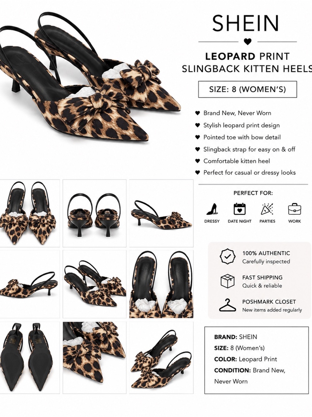 SHEIN Leopard-Print Slingback Pointed Kitten Heels in Brown Black
